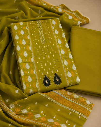 Olive Mehndi Green 3 Piece Unstitched Printed Ladies Suit