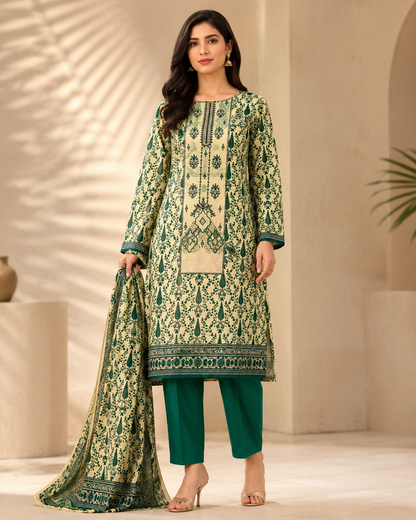 Emerald Green & Cream Printed 3-Piece Unstitched Ladies Suit