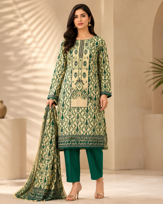 Emerald Green & Cream Printed 3-Piece Unstitched Ladies Suit