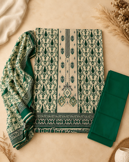Emerald Green & Cream Printed 3-Piece Unstitched Ladies Suit