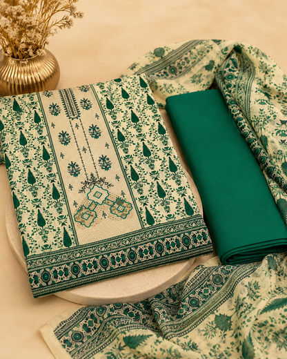 Emerald Green & Cream Printed 3-Piece Unstitched Ladies Suit