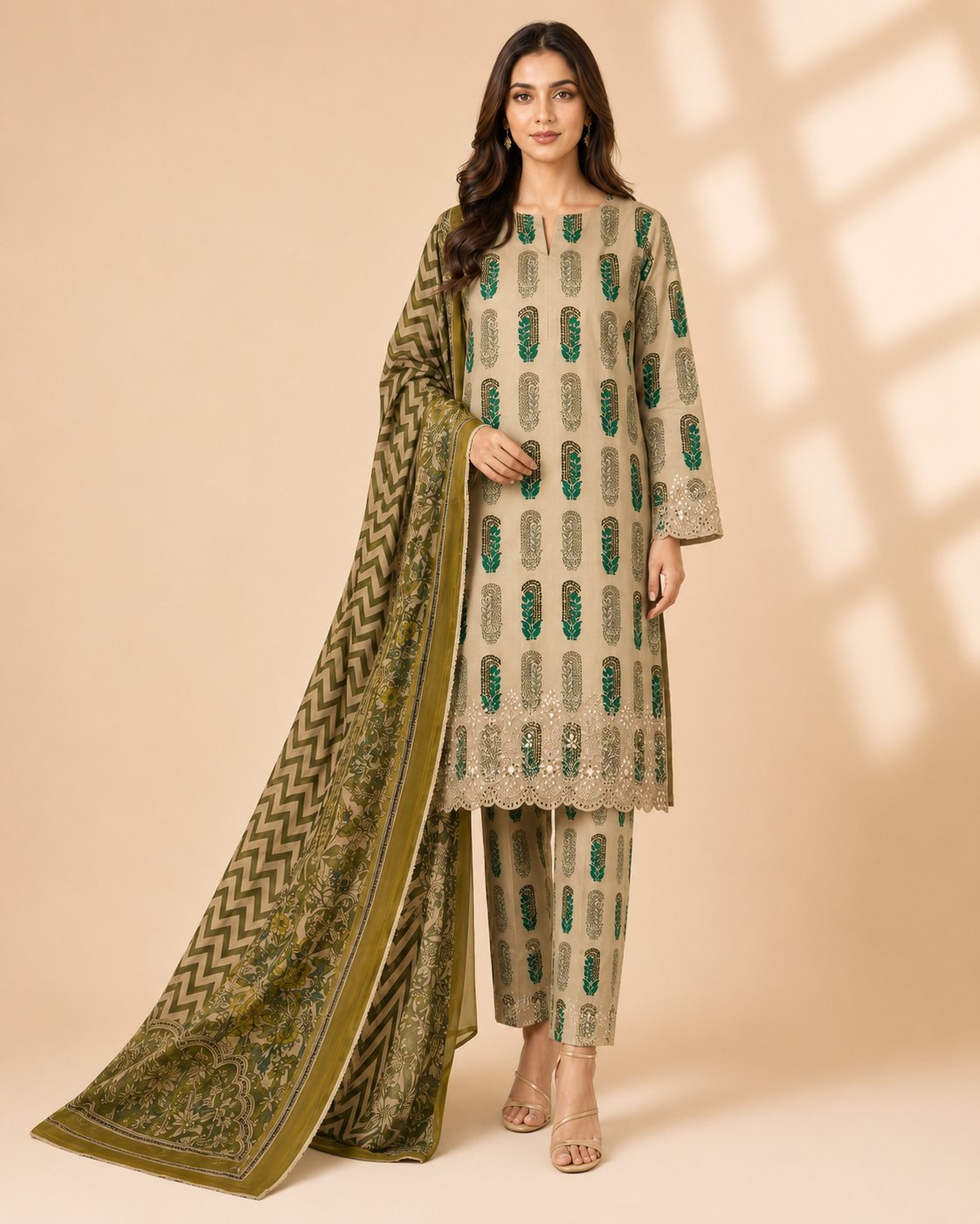 Emerald Paisley Beige Embroidered 3-Piece Unstitched Suit