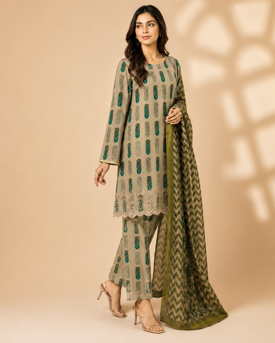 Emerald Paisley Beige Embroidered 3-Piece Unstitched Suit