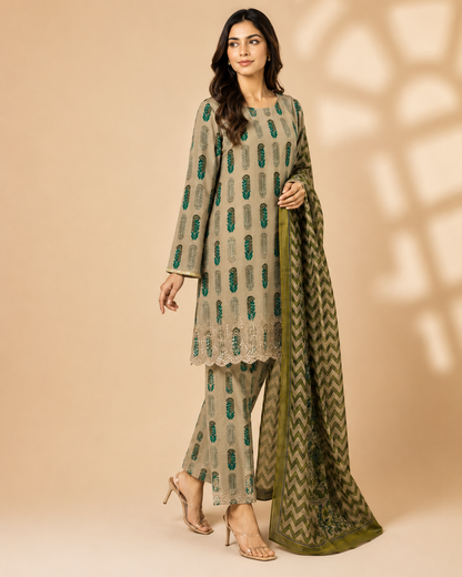 Emerald Paisley Beige Embroidered 3-Piece Unstitched Suit