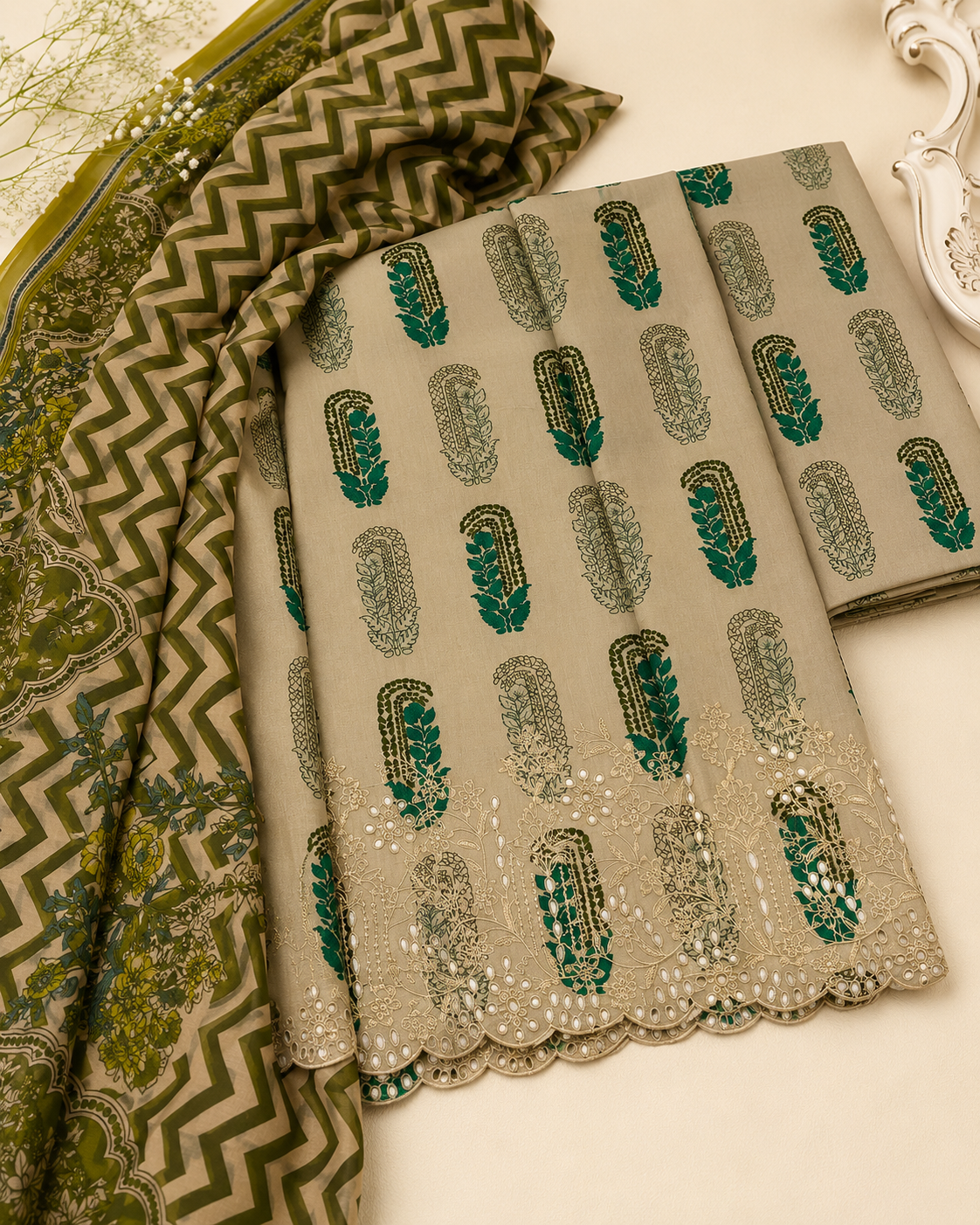 Emerald Paisley Beige Embroidered 3-Piece Unstitched Suit