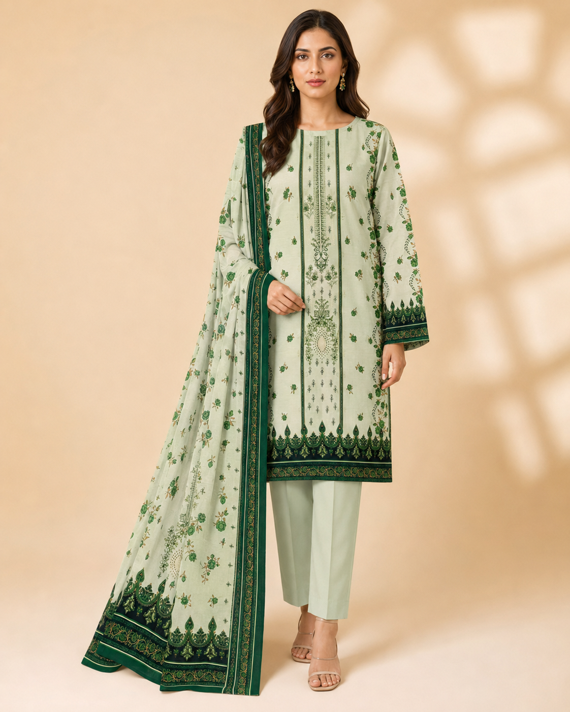 Mint Green Floral Printed Unstitched 3-Piece Ladies Suit