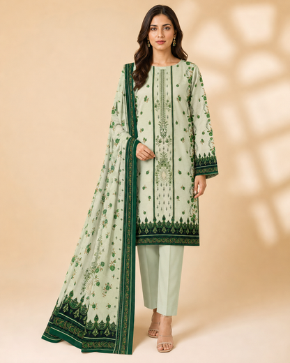 Mint Green Floral Printed Unstitched 3-Piece Ladies Suit