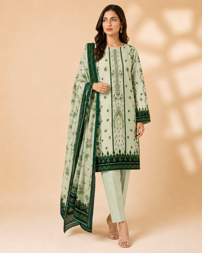 Mint Green Floral Printed Unstitched 3-Piece Ladies Suit