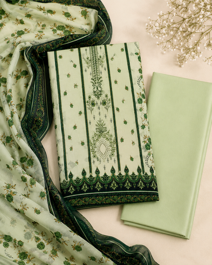 Mint Green Floral Printed Unstitched 3-Piece Ladies Suit