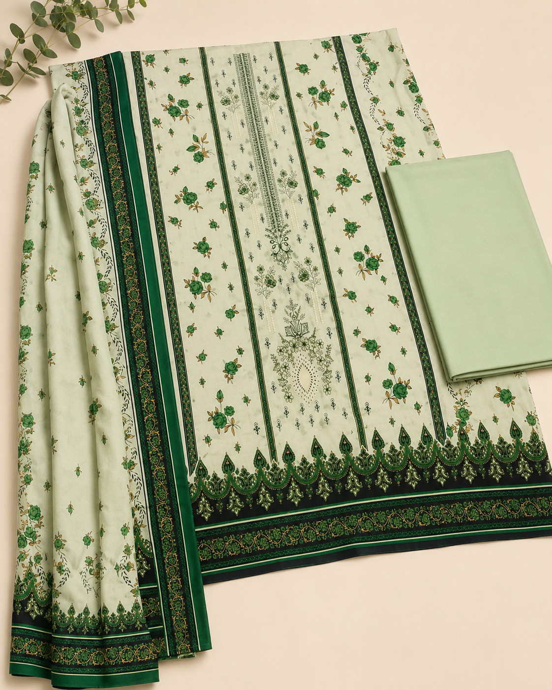 Mint Green Floral Printed Unstitched 3-Piece Ladies Suit