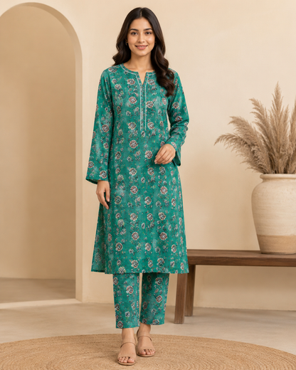 Teal Floral Nan Karo 2 Piece Unstitched Suit