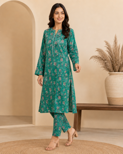 Teal Floral Nan Karo 2 Piece Unstitched Suit