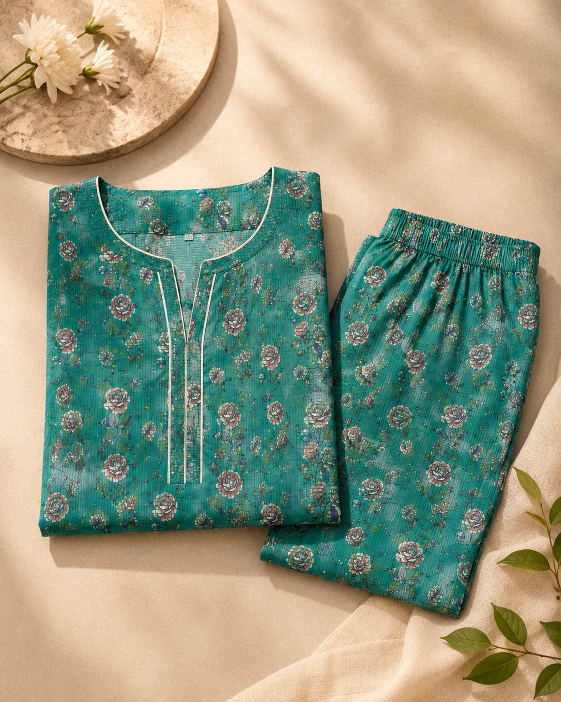 Teal Floral Nan Karo 2 Piece Unstitched Suit