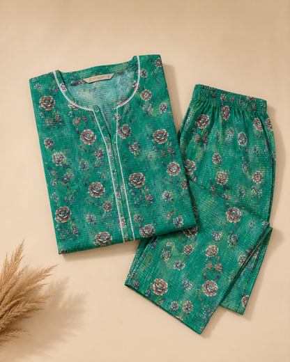 Teal Floral Nan Karo 2 Piece Unstitched Suit