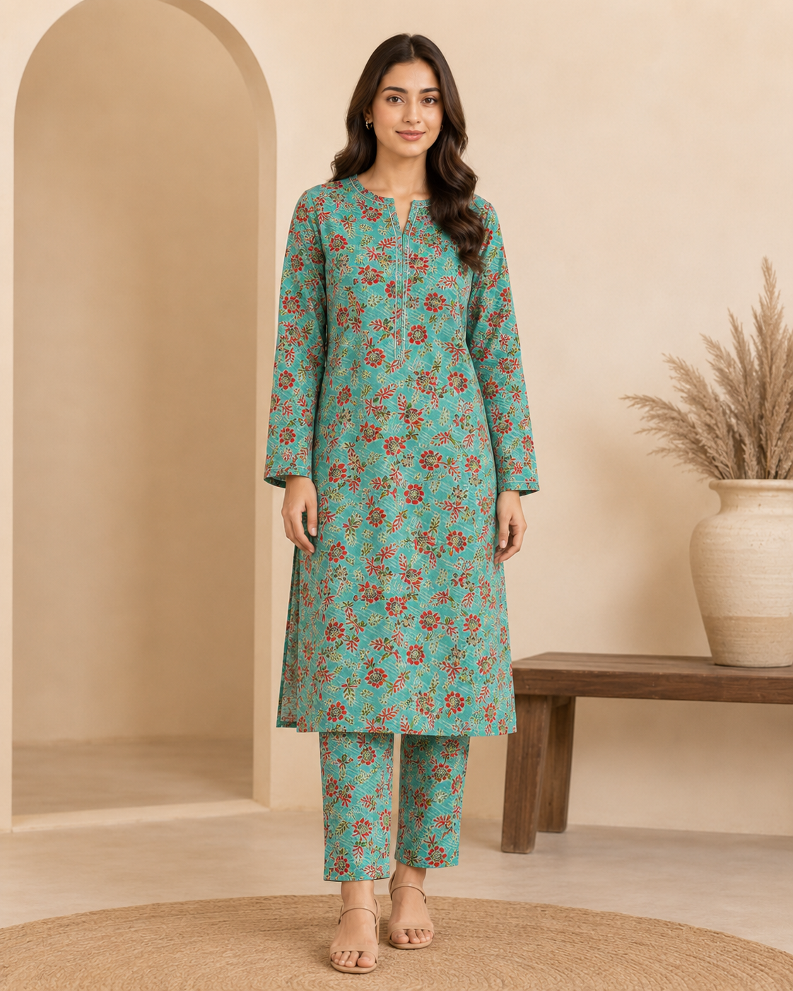 Turquoise Floral Nankaro 2-Piece Unstitched Suit – Matching Kameez & Shalwar
