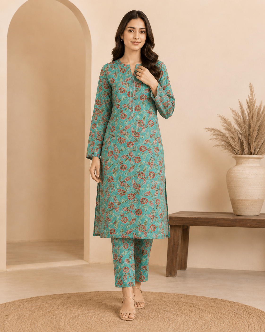 Turquoise Floral Nankaro 2-Piece Unstitched Suit – Matching Kameez & Shalwar