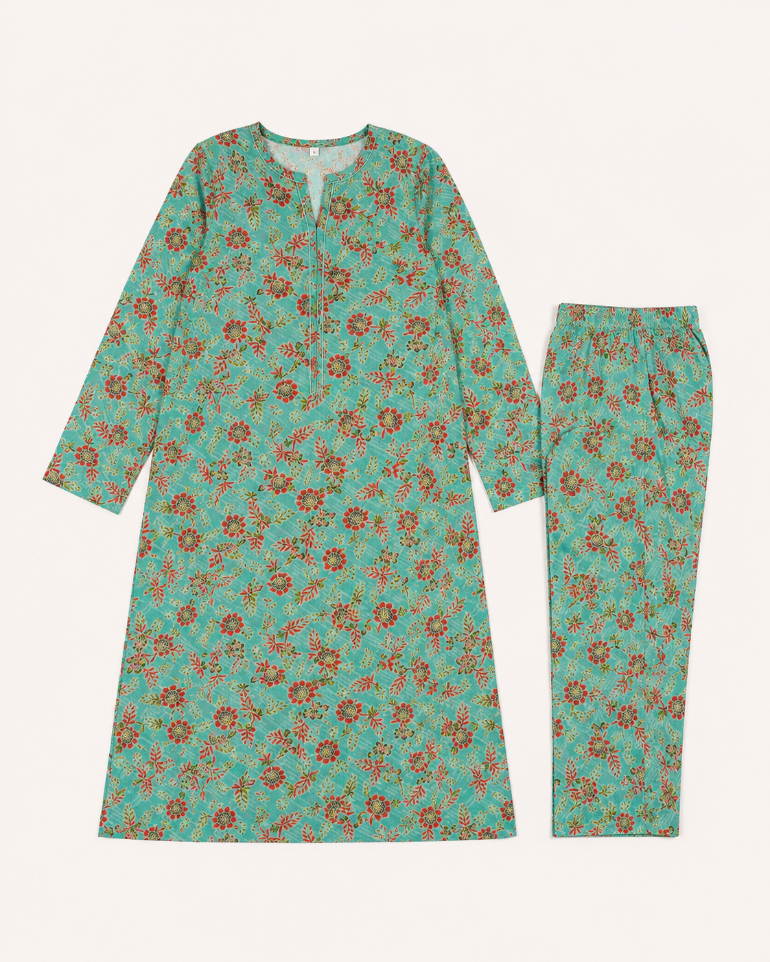 Turquoise Floral Nankaro 2-Piece Unstitched Suit – Matching Kameez & Shalwar