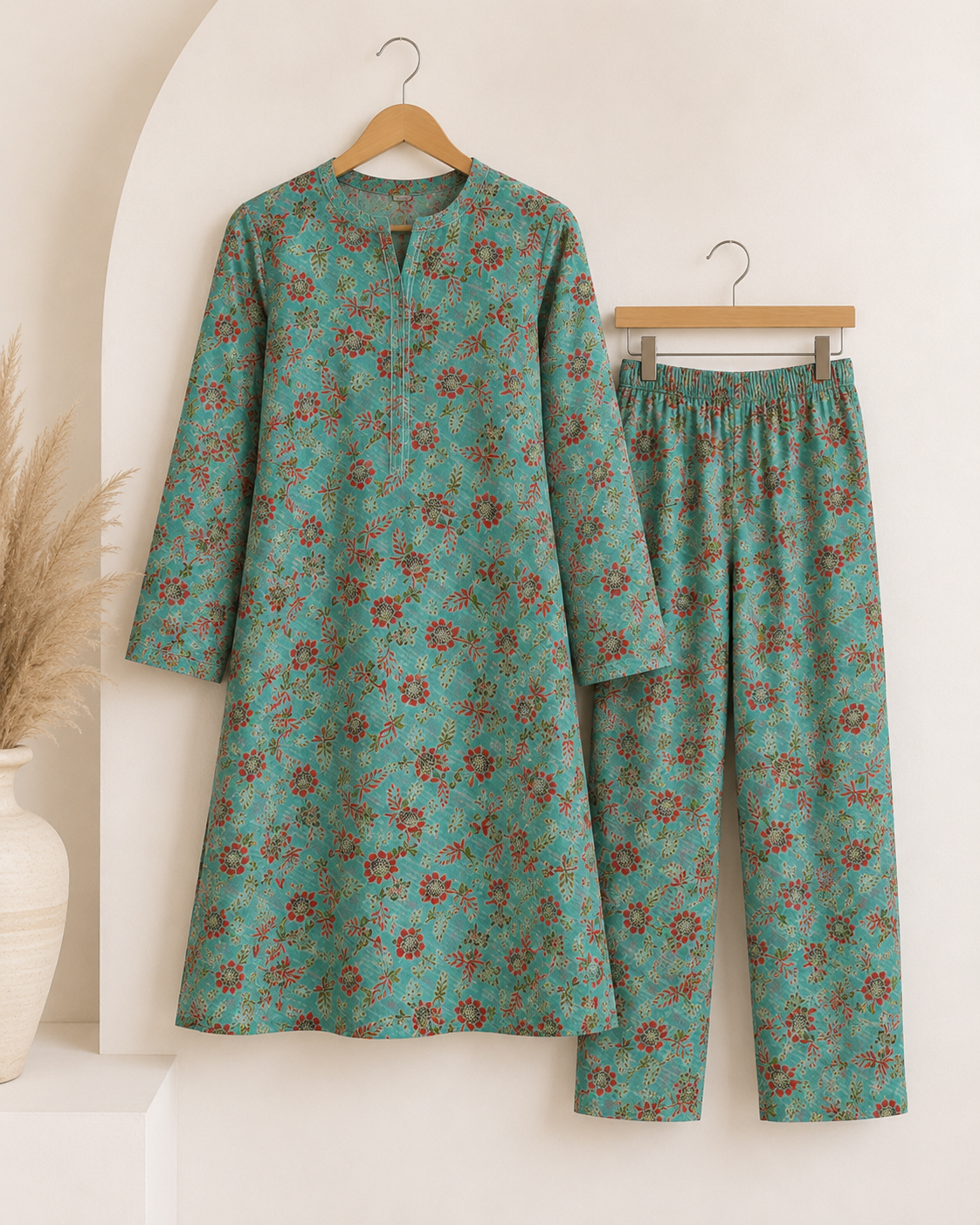 Turquoise Floral Nankaro 2-Piece Unstitched Suit – Matching Kameez & Shalwar