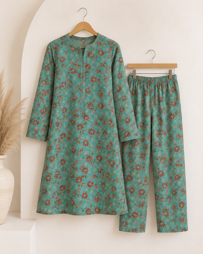 Turquoise Floral Nankaro 2-Piece Unstitched Suit – Matching Kameez & Shalwar