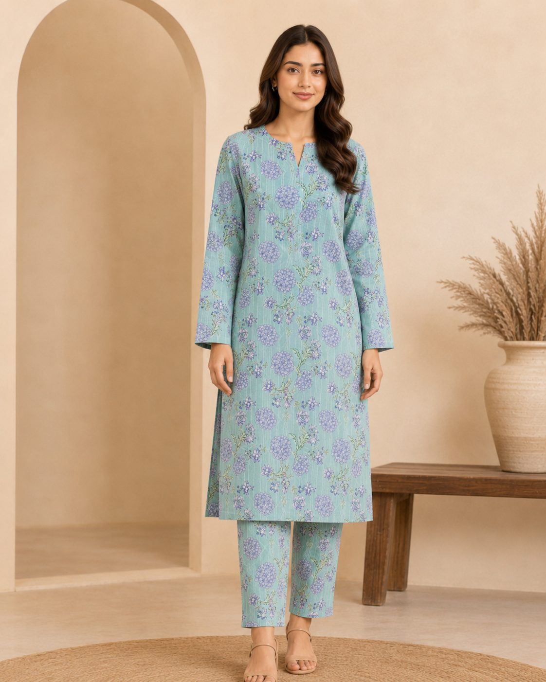 Mint Floral Nankaro 2 Piece Unstitched Suit – Matching Kameez & Shalwar