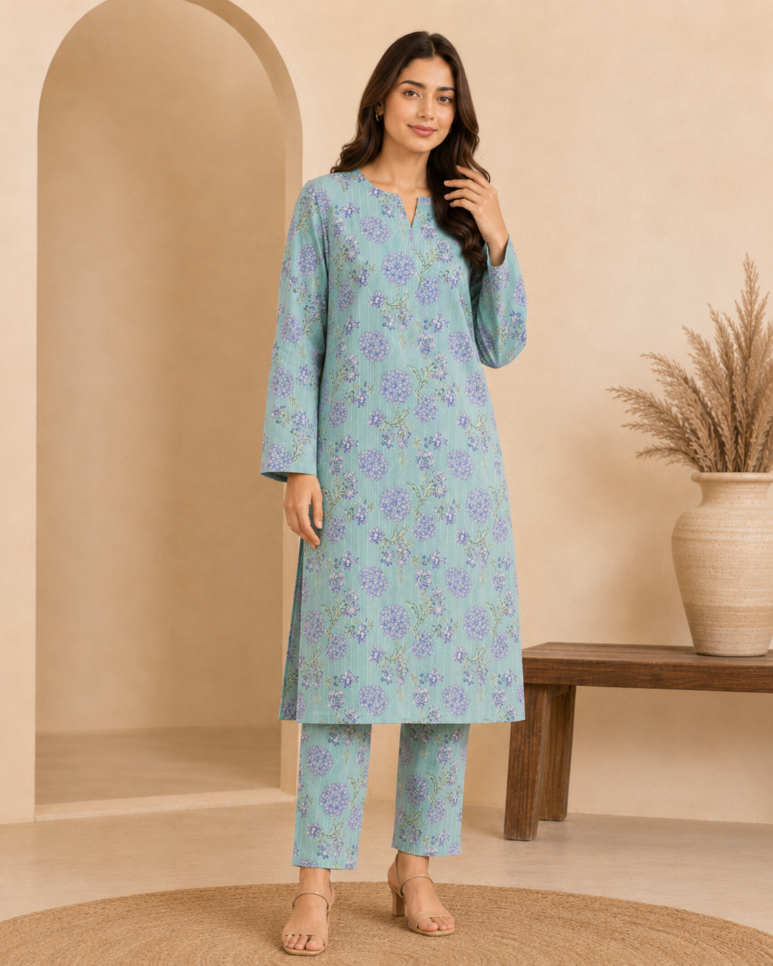 Mint Floral Nankaro 2 Piece Unstitched Suit – Matching Kameez & Shalwar