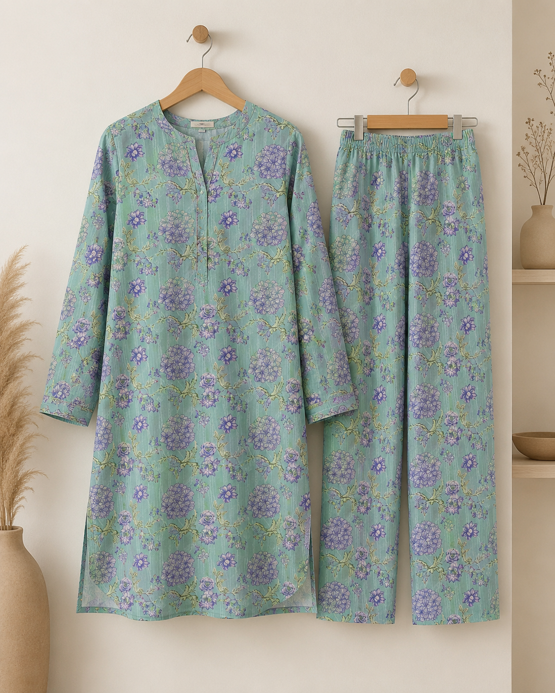 Mint Floral Nankaro 2 Piece Unstitched Suit – Matching Kameez & Shalwar
