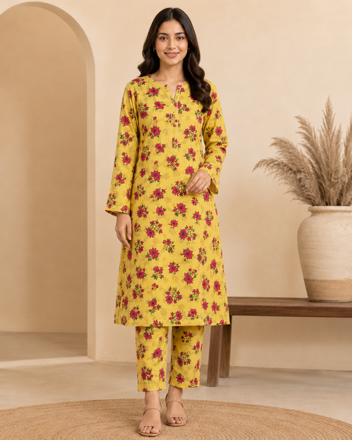 Mustard Yellow Floral Printed Cotton 2 Piece Unstitched Suit
