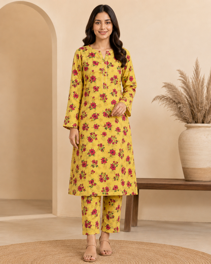 Mustard Yellow Floral Printed Cotton 2 Piece Unstitched Suit