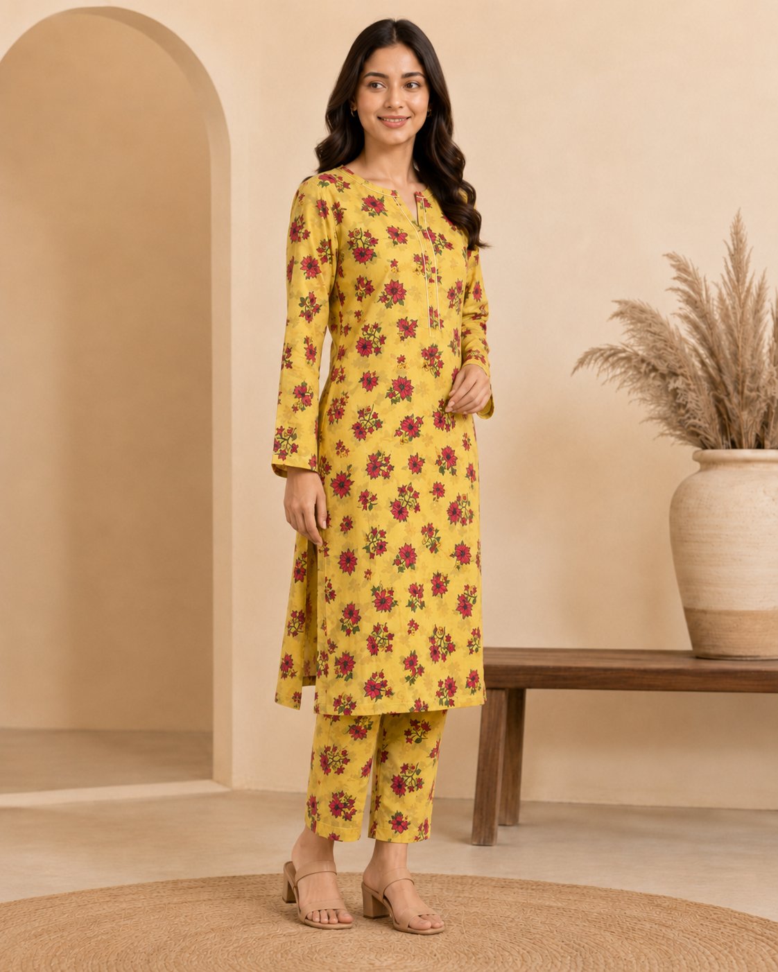 Mustard Yellow Floral Printed Cotton 2 Piece Unstitched Suit