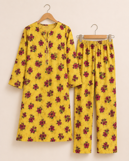 Mustard Yellow Floral Printed Cotton 2 Piece Unstitched Suit