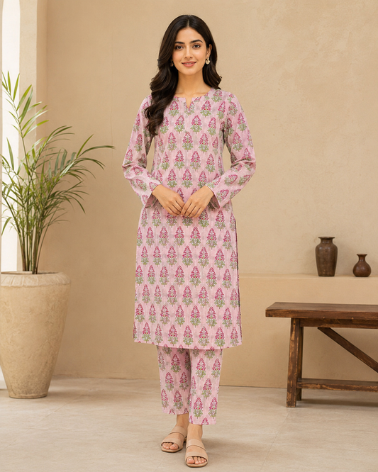 Blush Pink Floral Nankaro 2 Piece Unstitched Suit – Matching Kameez & Shalwar