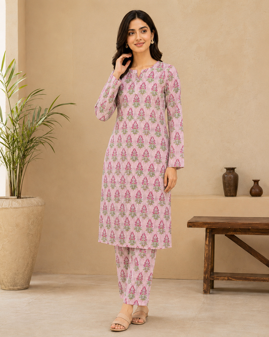Blush Pink Floral Nankaro 2 Piece Unstitched Suit – Matching Kameez & Shalwar