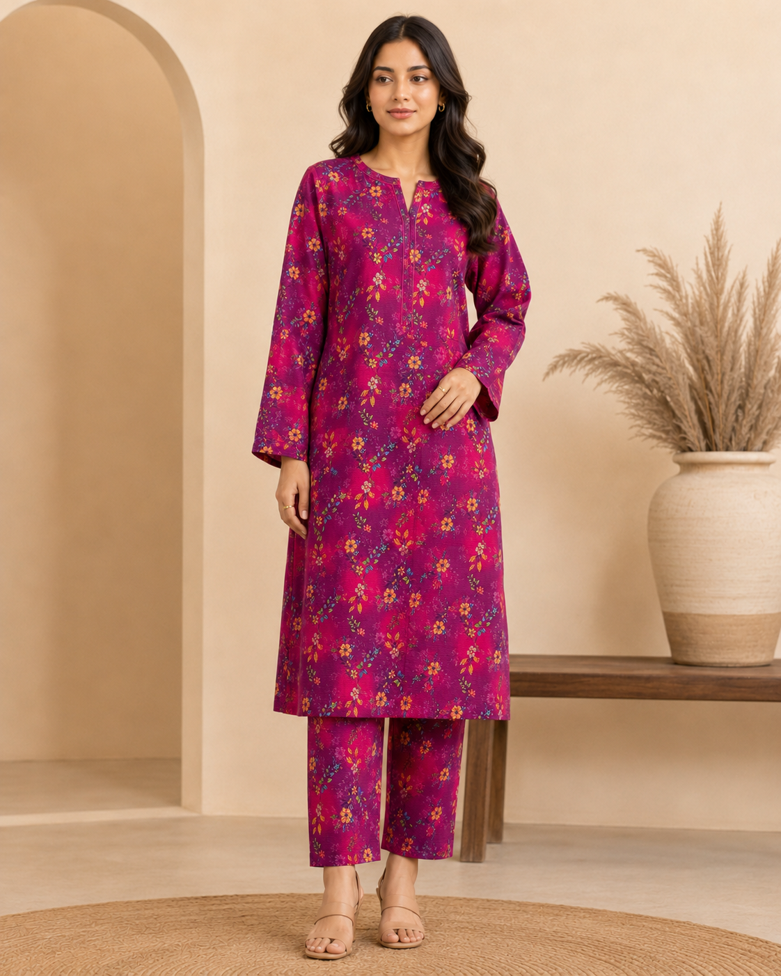 Magenta Floral Printed Suti 2-Piece Unstitched Suit