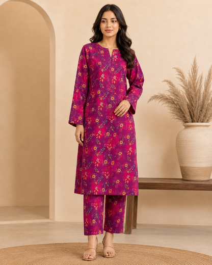 Magenta Floral Printed Suti 2-Piece Unstitched Suit