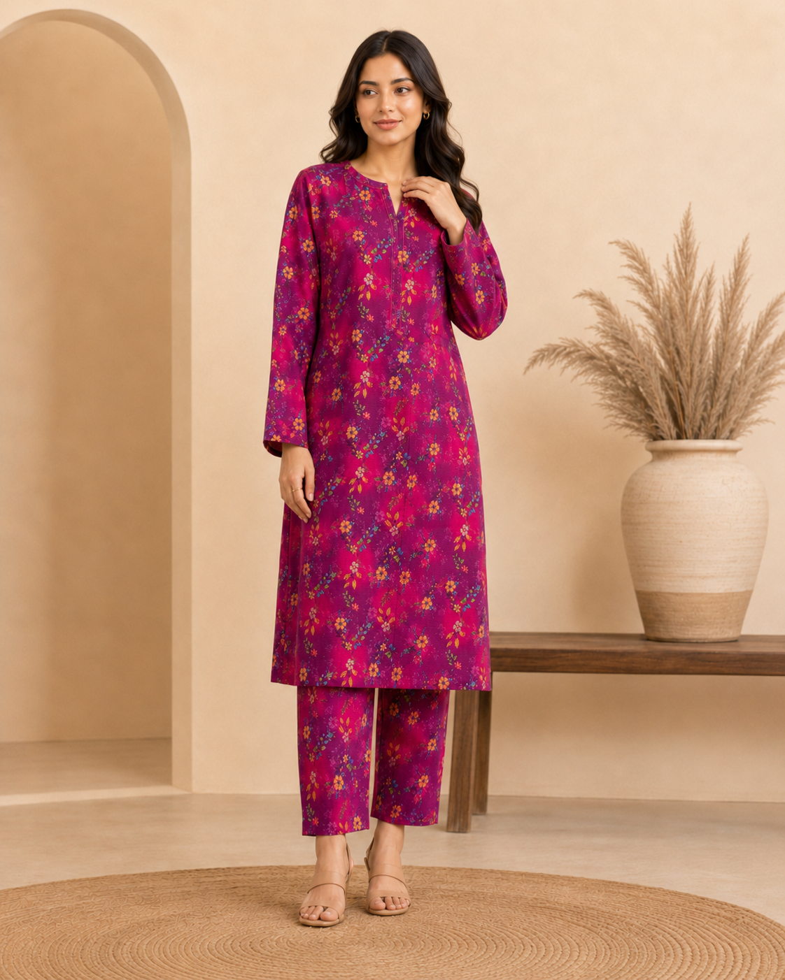 Magenta Floral Printed Suti 2-Piece Unstitched Suit