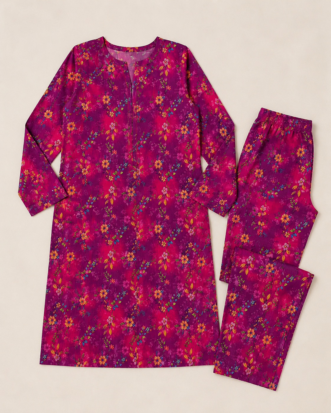 Magenta Floral Printed Suti 2-Piece Unstitched Suit