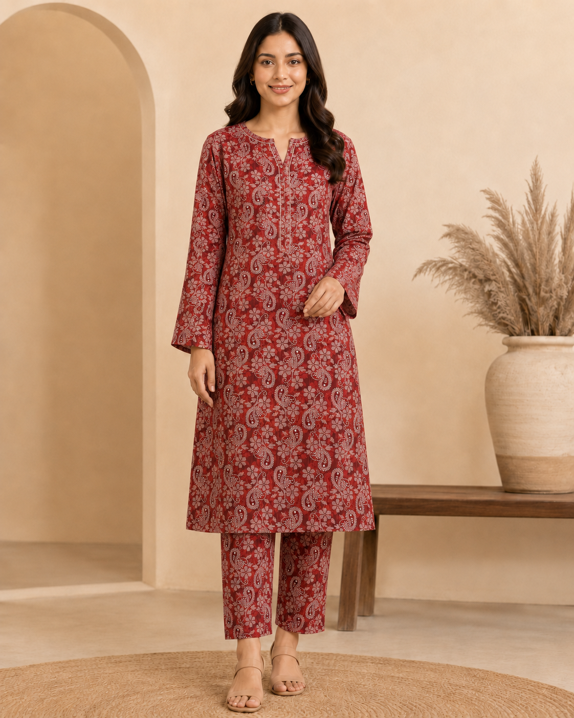 Maroon Ambi Print Unstitched Cotton 2-Piece Suit