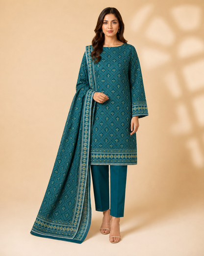 Emerald Teal Geometric Printed 3-Piece Unstitched Ladies Suit
