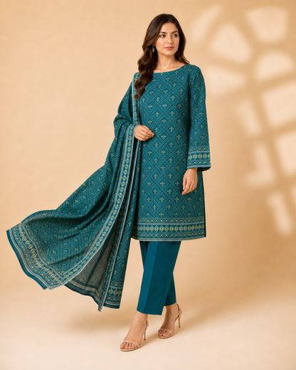 Emerald Teal Geometric Printed 3-Piece Unstitched Ladies Suit
