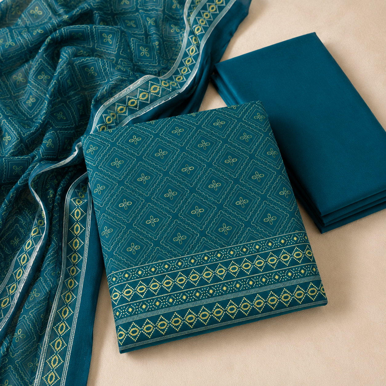 Emerald Teal Geometric Printed 3-Piece Unstitched Ladies Suit
