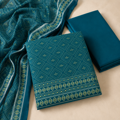 Emerald Teal Geometric Printed 3-Piece Unstitched Ladies Suit