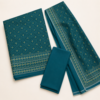 Emerald Teal Geometric Printed 3-Piece Unstitched Ladies Suit