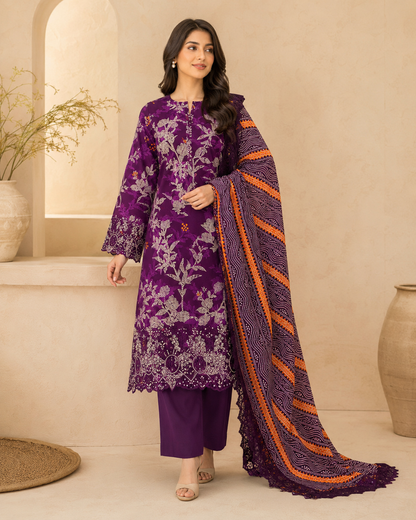 Mehroon Purple Floral 3 Piece Unstitched Suit
