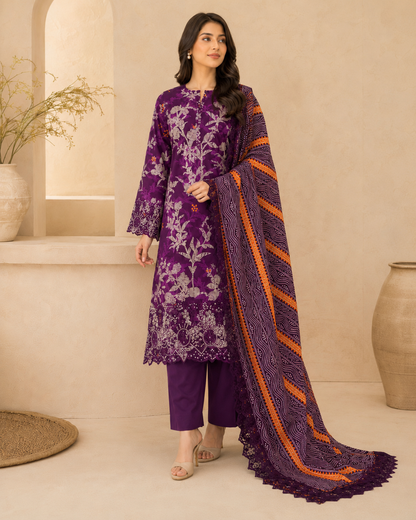 Mehroon Purple Floral 3 Piece Unstitched Suit