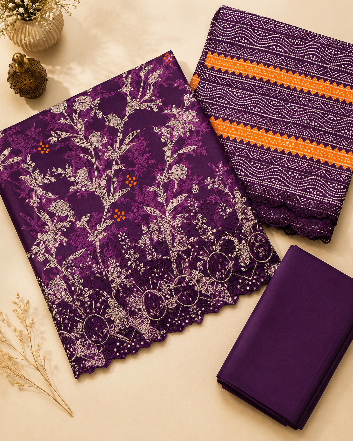 Mehroon Purple Floral 3 Piece Unstitched Suit