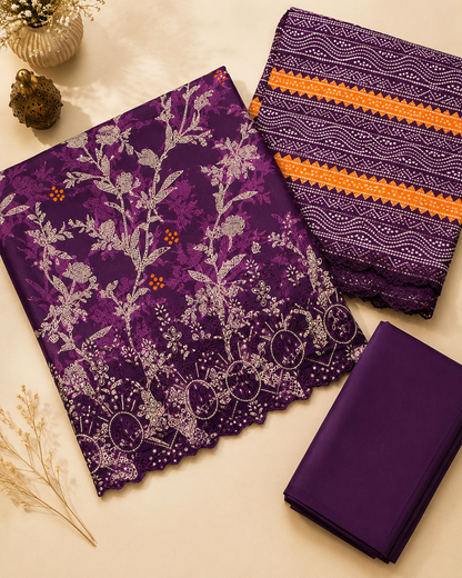 Mehroon Purple Floral 3 Piece Unstitched Suit