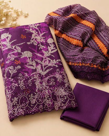 Mehroon Purple Floral 3 Piece Unstitched Suit