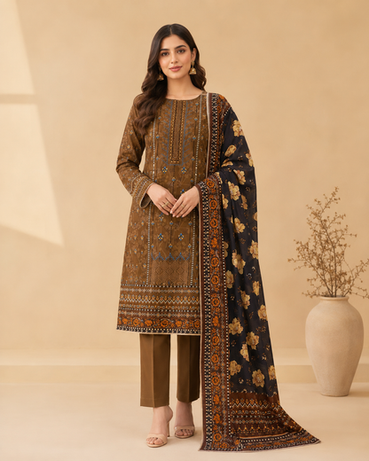 Coffee Brown Floral 3-Piece Unstitched Ladies Suit