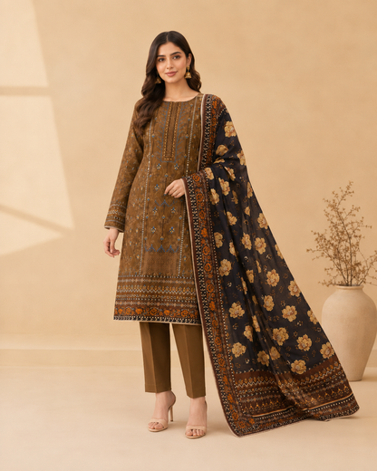 Coffee Brown Floral 3-Piece Unstitched Ladies Suit