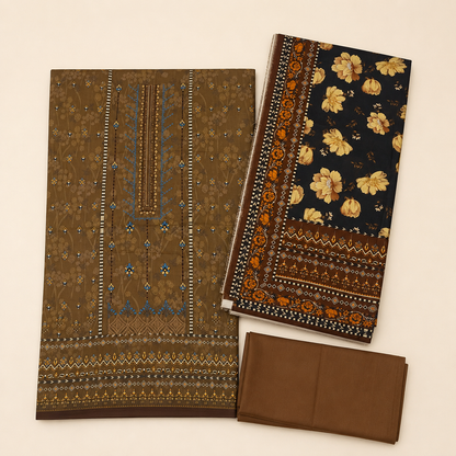 Coffee Brown Floral 3-Piece Unstitched Ladies Suit